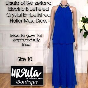 Ursula of Switzerland Royal Blue Tiered Crystal Embellished Halter Maxi Dress